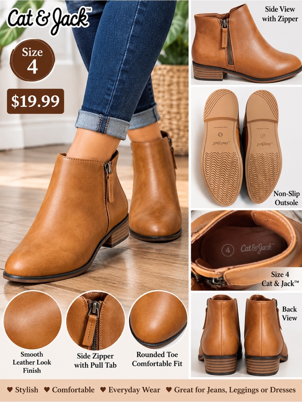 Cat & Jack Tan Side-Zip Ankle Boots